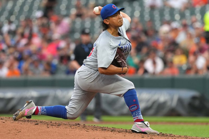 Jul 10, 2024; Baltimore, Maryland, USA; Chicago Cubs pitcher Shota Imanaga (18) delivers in the third inning against the Baltimore Orioles at Oriole Park at Camden Yards. Mandatory Credit: Mitch Stringer-USA TODAY Sports