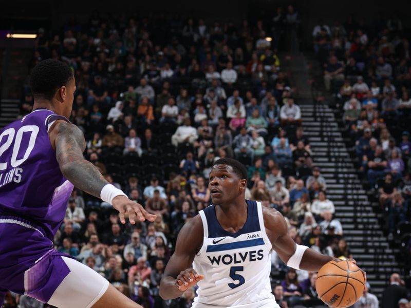 SALT LAKE CITY, UT - MARCH 18: Anthony Edwards #5 of the Minnesota Timberwolves handles the ball during the game against the Utah Jazz on March 18, 2024 at Delta Center in Salt Lake City, Utah. NOTE TO USER: User expressly acknowledges and agrees that, by downloading and or using this Photograph, User is consenting to the terms and conditions of the Getty Images License Agreement. Mandatory Copyright Notice: Copyright 2024 NBAE (Photo by Melissa Majchrzak/NBAE via Getty Images)