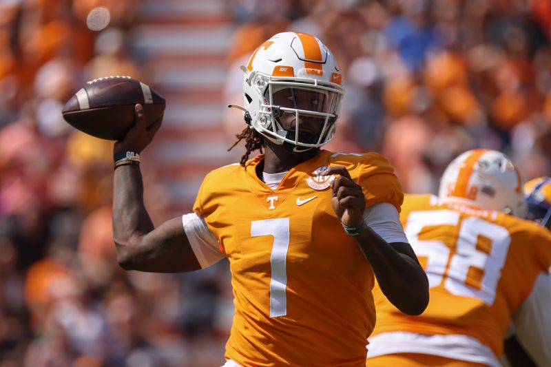 Sep 11, 2021; Knoxville, Tennessee, USA; Tennessee Volunteers quarterback Joe Milton III (7) passes the ball against the Pittsburgh Panthers during the first quarter at Neyland Stadium. Mandatory Credit: Randy Sartin-USA TODAY Sports