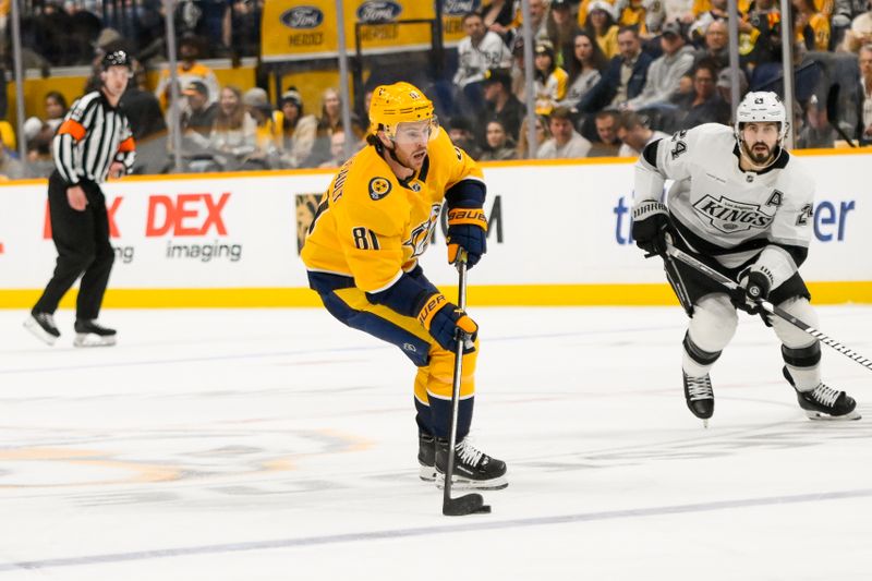 Nov 4, 2024; Nashville, Tennessee, USA;  Nashville Predators center Jonathan Marchessault (81) skates with the puck against the Los Angeles Kings during the first period at Bridgestone Arena. Mandatory Credit: Steve Roberts-Imagn Images