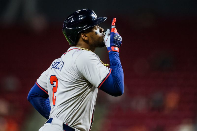 Sep 17, 2024; Cincinnati, Ohio, USA; Atlanta Braves outfielder Jorge Soler (2) reacts after hitting a solo home run in the fourth inning against the Cincinnati Reds at Great American Ball Park. Mandatory Credit: Katie Stratman-Imagn Images