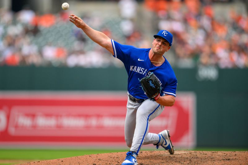 Jun 11, 2023; Baltimore, Maryland, USA; Kansas City Royals relief pitcher Mike Mayers (21) throws a pitch during the sixth inning against the Baltimore Orioles at Oriole Park at Camden Yards. Mandatory Credit: Reggie Hildred-USA TODAY Sports