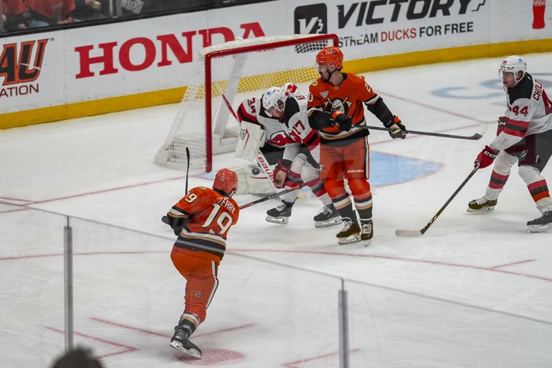 Nov 2, 2025; Anaheim, California, USA; Anaheim Ducks  right wing Troy Terry (19) reacts after a missed shot during the second period at Honda Center. Mandatory Credit: Corinne Votaw-Imagn Images