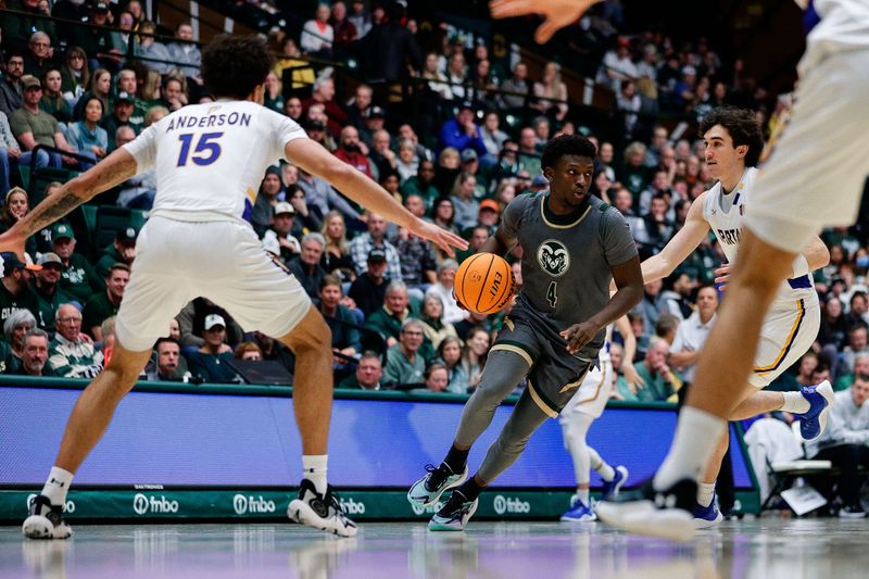 Feb 9, 2024; Fort Collins, Colorado, USA; Colorado State Rams guard Isaiah Stevens (4) controls the ball against San Jose State Spartans forward Trey Anderson (15) and guard Garrett Anderson (1) in the second half at Moby Arena. Mandatory Credit: Isaiah J. Downing-USA TODAY Sports