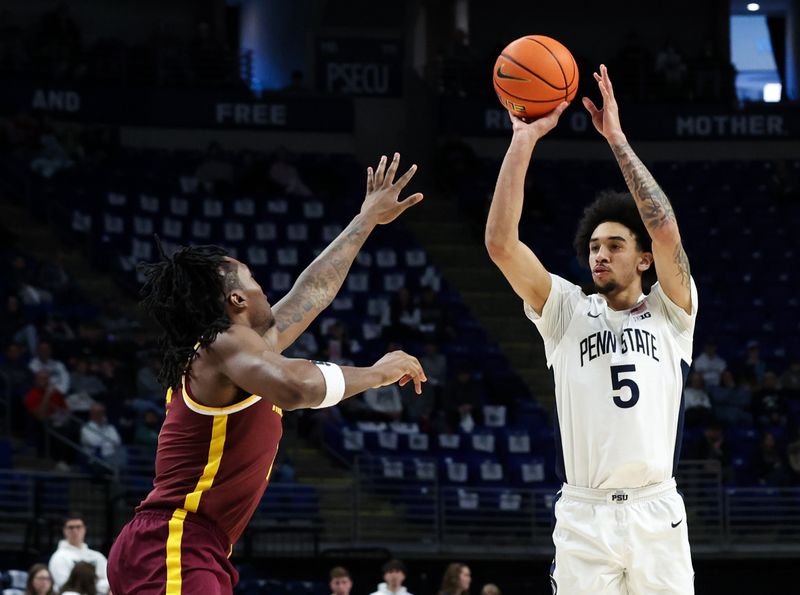 Feb 1, 2026; University Park, Pennsylvania, USA; Penn State Nittany Lions guard Freddie Dilione V (5) shoots the ball during the first half against the Minnesota Golden Gophers at Bryce Jordan Center. Mandatory Credit: Matthew O'Haren-Imagn Images