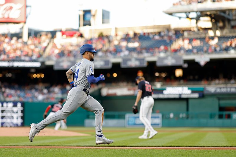 Apr 24, 2024; Washington, District of Columbia, USA; Los Angeles Dodgers outfielder Andy Pages (84) scores a run on a two run single by Dodgers shortstop Mookie Betts (not pictured) against the Washington Nationals during the second inning at Nationals Park. Mandatory Credit: Geoff Burke-USA TODAY Sports