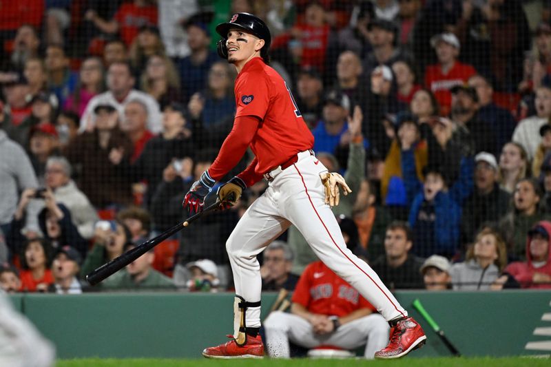 Sep 22, 2024; Boston, MA, USA;  Boston Red Sox left fielder Jarren Duran (16) hits an RBI single against the Minnesota Twins during the sixth inning at Fenway Park. Mandatory Credit: Eric Canha-Imagn Images