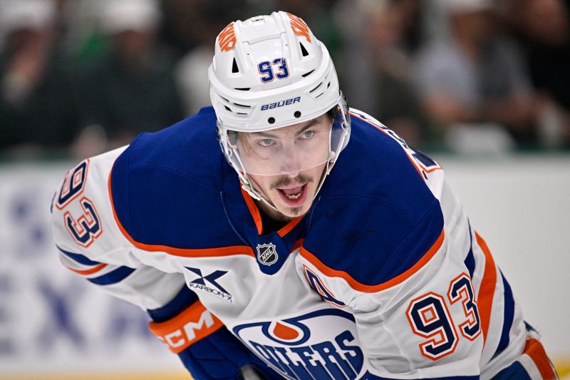 May 23, 2025; Dallas, Texas, USA; Edmonton Oilers center Ryan Nugent-Hopkins (93) in the first period against the Dallas Stars for game two of the Western Conference Final of the 2025 Stanley Cup Playoffs at American Airlines Center. Mandatory Credit: Jerome Miron-Imagn Images