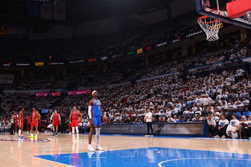 OKLAHOMA CITY, OK - APRIL 24: Shai Gilgeous-Alexander #2 of the Oklahoma City Thunder shoots a free throw during the game against the New Orleans Pelicans during Round 1 Game 2 of the 2024 NBA Playoffs on April 24, 2024 at Paycom Arena in Oklahoma City, Oklahoma. NOTE TO USER: User expressly acknowledges and agrees that, by downloading and or using this photograph, User is consenting to the terms and conditions of the Getty Images License Agreement. Mandatory Copyright Notice: Copyright 2024 NBAE (Photo by Zach Beeker/NBAE via Getty Images)