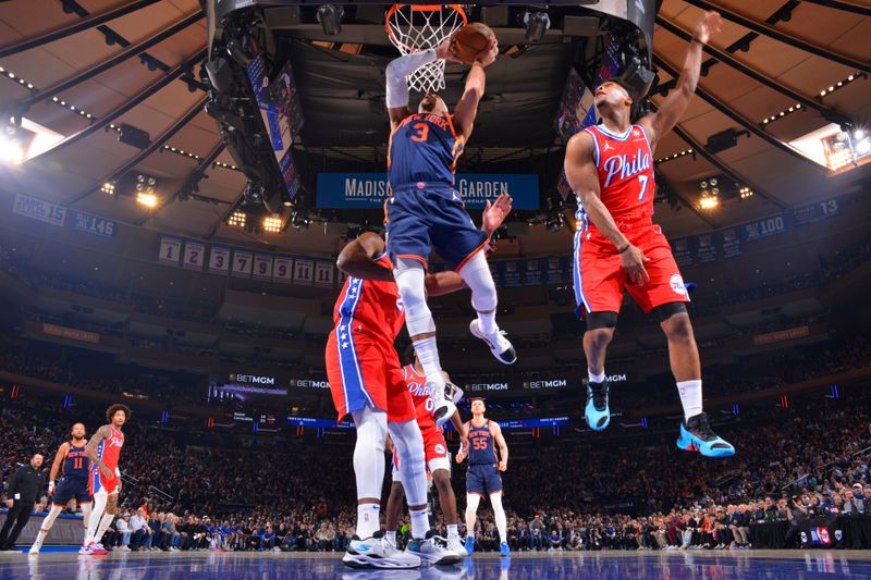 NEW YORK, NY - APRIL 22: Josh Hart #3 of the New York Knicks drives to the basket during the game against the Philadelphia 76ers during Round 1 Game 2 of the 2024 NBA Playoffs on April 22, 2024 at Madison Square Garden in New York City, New York.  NOTE TO USER: User expressly acknowledges and agrees that, by downloading and or using this photograph, User is consenting to the terms and conditions of the Getty Images License Agreement. Mandatory Copyright Notice: Copyright 2024 NBAE  (Photo by Jesse D. Garrabrant/NBAE via Getty Images)