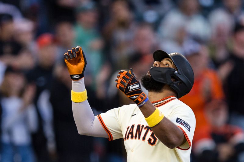 Sep 11, 2024; San Francisco, California, USA; San Francisco Giants designated hitter Jerar Encarnacion (59) gestures as he runs the bases after hitting a two-run home run against the Milwaukee Brewers during the first inning at Oracle Park. Mandatory Credit: John Hefti-Imagn Images