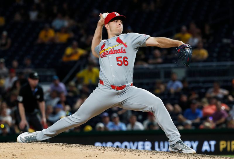 Jul 2, 2024; Pittsburgh, Pennsylvania, USA;  St. Louis Cardinals relief pitcher Ryan Helsley (56) pitches against the Pittsburgh Pirates during the ninth inning at PNC Park. St. Louis won 7-4. Mandatory Credit: Charles LeClaire-USA TODAY Sports