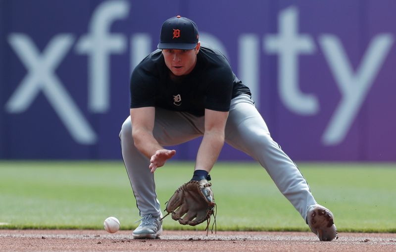 Apr 9, 2024; Pittsburgh, Pennsylvania, USA;  Detroit Tigers second baseman Colt Keith (33) takes ground balls before a game against the Pittsburgh Pirates at PNC Park. Mandatory Credit: Charles LeClaire-USA TODAY Sports