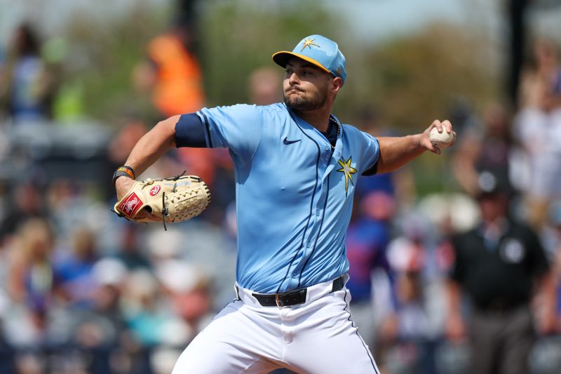 Mar 1, 2025; Port Charlotte, Florida, USA; Tampa Bay Rays pitcher Shane McClanahan (18) throws a pitch against the New York Mets in the first inning during spring training at Charlotte Sports Park. Mandatory Credit: Nathan Ray Seebeck-Imagn Images