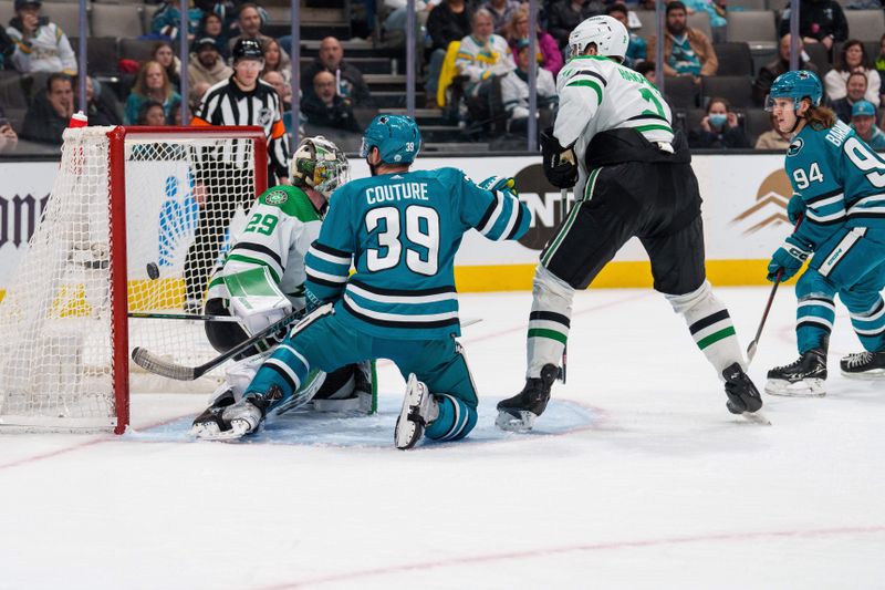 Jan 18, 2023; San Jose, California, USA; Dallas Stars goaltender Jake Oettinger (29) cannot stop the shot on goal during the second period against the San Jose Sharks at SAP Center at San Jose. Mandatory Credit: Neville E. Guard-USA TODAY Sports