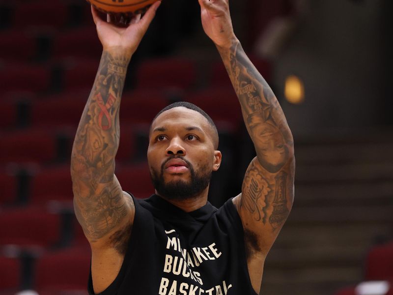 CHICAGO, ILLINOIS - MARCH 01: Damian Lillard #0 of the Milwaukee Bucks warms up prior to the game against the Chicago Bulls at the United Center on March 01, 2024 in Chicago, Illinois. NOTE TO USER: User expressly acknowledges and agrees that, by downloading and or using this photograph, User is consenting to the terms and conditions of the Getty Images License Agreement. (Photo by Michael Reaves/Getty Images)