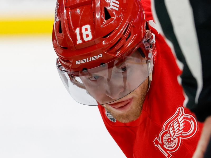Nov 13, 2025; Detroit, Michigan, USA;  Anaheim Ducks center Ryan Strome (16) and Detroit Red Wings center Andrew Copp (18) gets set to face off in the second period at Little Caesars Arena. Mandatory Credit: Rick Osentoski-Imagn Images