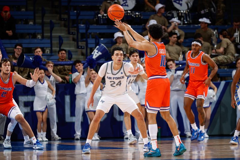 Jan 31, 2023; Colorado Springs, Colorado, USA; Boise State Broncos guard Marcus Shaver Jr. (10) passes the ball as Air Force Falcons guard Jeffrey Mills (24) guards in the second half at Clune Arena. Mandatory Credit: Isaiah J. Downing-USA TODAY Sports