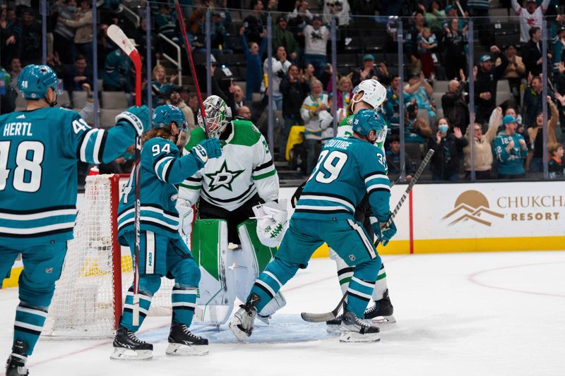 Jan 18, 2023; San Jose, California, USA; \s29\ and San Jose Sharks center Tomas Hertl (48) and left wing Alexander Barabanov (94) celebrate after the goal during the second period against the Dallas Stars at SAP Center at San Jose. Mandatory Credit: Neville E. Guard-USA TODAY Sports