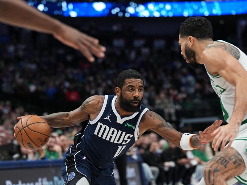 DALLAS, TX - JANUARY 22: Kyrie Irving #11 of the Dallas Mavericks dribbles the ball during the game against the Boston Celtics on January 22, 2024 at the American Airlines Center in Dallas, Texas. NOTE TO USER: User expressly acknowledges and agrees that, by downloading and or using this photograph, User is consenting to the terms and conditions of the Getty Images License Agreement. Mandatory Copyright Notice: Copyright 2024 NBAE (Photo by Glenn James/NBAE via Getty Images)