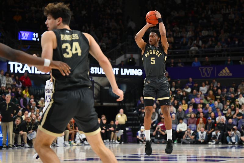 Jan 15, 2025; Seattle, Washington, USA; Purdue Boilermakers guard Myles Colvin (5) shoots the ball during the first half against the Washington Huskies at Alaska Airlines Arena at Hec Edmundson Pavilion. Mandatory Credit: Steven Bisig-Imagn Images