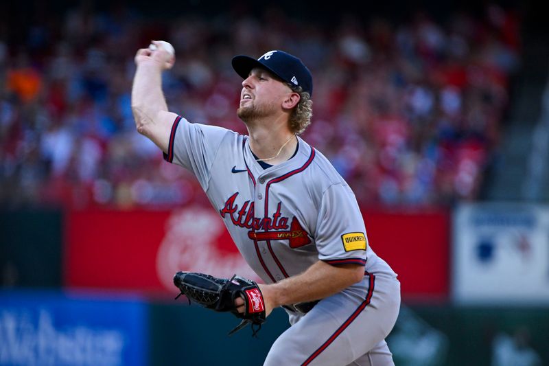 Jun 24, 2024; St. Louis, Missouri, USA;  Atlanta Braves starting pitcher Spencer Schwellenbach (56) pitches against the St. Louis Cardinals during the first inning at Busch Stadium. Mandatory Credit: Jeff Curry-USA TODAY Sports