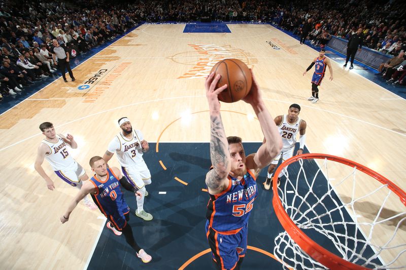 NEW YORK, NY - FEBRUARY 3: Isaiah Hartenstein #55 of the New York Knicks dunks the ball during the game against the Los Angeles Lakers on February 3, 2024 at Madison Square Garden in New York City, New York.  NOTE TO USER: User expressly acknowledges and agrees that, by downloading and or using this photograph, User is consenting to the terms and conditions of the Getty Images License Agreement. Mandatory Copyright Notice: Copyright 2024 NBAE  (Photo by Nathaniel S. Butler/NBAE via Getty Images)