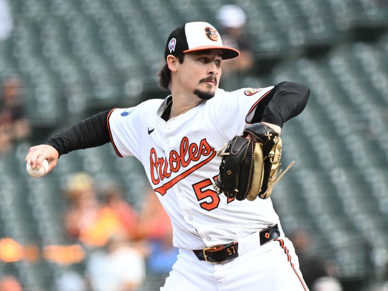 Sep 11, 2025; Baltimore, Maryland, USA;  Baltimore Orioles pitcher Kade Strowd (57) delivers a pitch during the eighth inning against the Pittsburgh Pirates at Oriole Park at Camden Yards. Mandatory Credit: James A. Pittman-Imagn Images