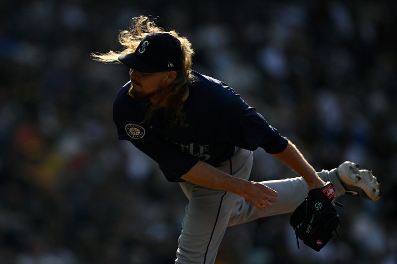 Jul 10, 2024; San Diego, California, USA; Seattle Mariners relief pitcher Ryne Stanek (45) pitches against the San Diego Padres during the eighth inning at Petco Park. Mandatory Credit: Orlando Ramirez-USA TODAY Sports