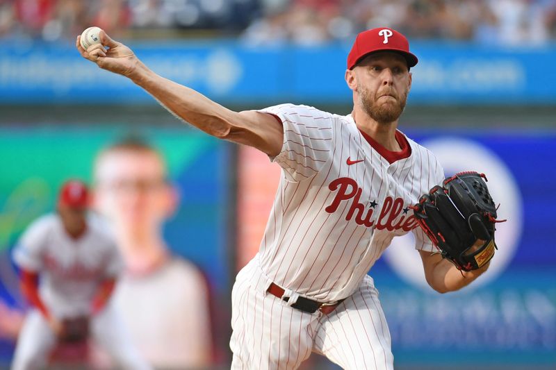 Jun 30, 2025; Philadelphia, Pennsylvania, USA; Philadelphia Phillies pitcher Zack Wheeler (45) throws a pitch during the first inning against the San Diego Padres at Citizens Bank Park. Mandatory Credit: Eric Hartline-Imagn Images