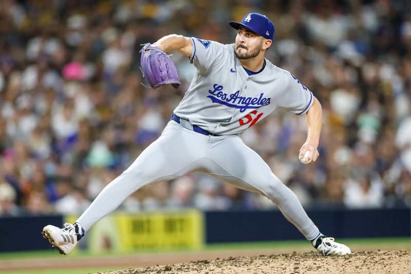 Jun 9, 2025; San Diego, California, USA; Los Angeles Dodgers relief pitcher Alex Vesia (51) throws a pitch during the eighth inning against the San Diego Padres at Petco Park. Mandatory Credit: David Frerker-Imagn Images