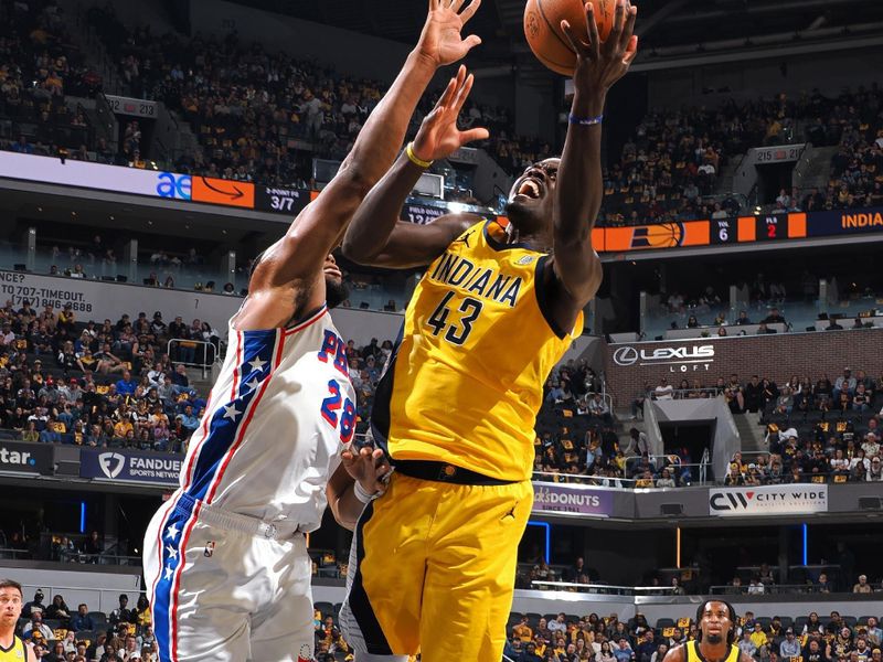 INDIANAPOLIS, IN - OCTOBER 27: Pascal Siakam #43 of the Indiana Pacers drives to the basket during the game against the Philadelphia 76ers on October 27, 2024 at Gainbridge Fieldhouse in Indianapolis, Indiana. NOTE TO USER: User expressly acknowledges and agrees that, by downloading and or using this Photograph, user is consenting to the terms and conditions of the Getty Images License Agreement. Mandatory Copyright Notice: Copyright 2024 NBAE (Photo by Ron Hoskins/NBAE via Getty Images)