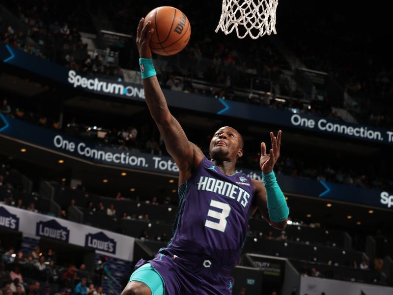 CHARLOTTE, NC - JANUARY 20: Terry Rozier #3 of the Charlotte Hornets drives to the basket during the game against the Philadelphia 76ers  on January 20, 2024 at Spectrum Center in Charlotte, North Carolina. NOTE TO USER: User expressly acknowledges and agrees that, by downloading and or using this photograph, User is consenting to the terms and conditions of the Getty Images License Agreement. Mandatory Copyright Notice: Copyright 2024 NBAE (Photo by Kent Smith/NBAE via Getty Images)