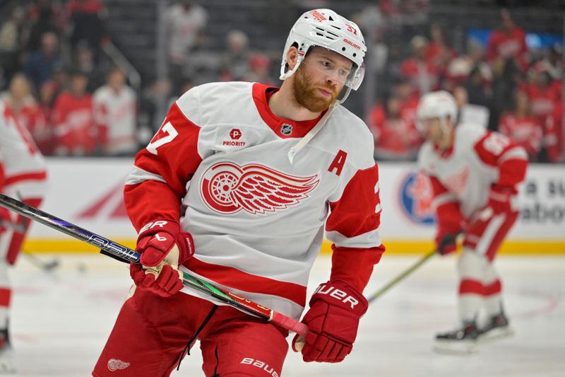 Nov 16, 2024; Los Angeles, California, USA; Detroit Red Wings left wing J.T. Compher (37) warms up prior to the game against the Los Angeles Kings at Crypto.com Arena. Mandatory Credit: Jayne Kamin-Oncea-Imagn Images