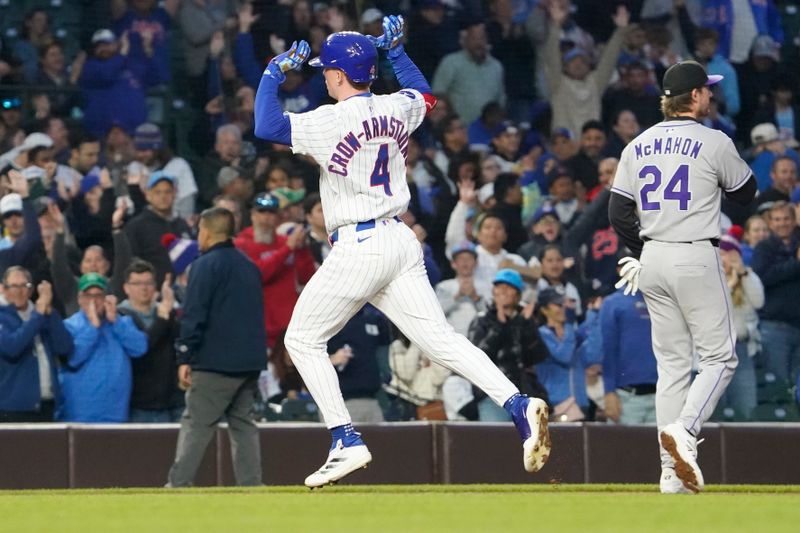 May 28, 2025; Chicago, Illinois, USA; Chicago Cubs outfielder Pete Crow-Armstrong (4) runs the bases after hitting a home run against the Colorado Rockies during the fourth inning at Wrigley Field. Mandatory Credit: David Banks-Imagn Images