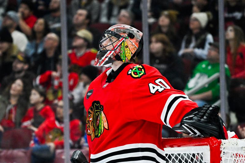 Mar 2, 2024; Chicago, Illinois, USA;  Chicago Blackhawks goaltender Arvid Soderblom (40) looks on after the Columbus Blue Jackets scored during the first period at the  United Center. Mandatory Credit: Matt Marton-USA TODAY Sports