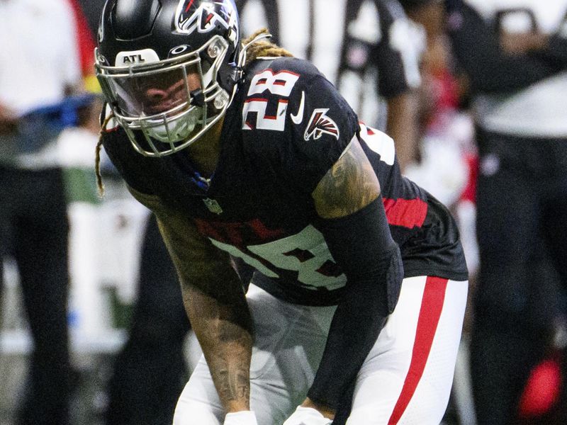 Atlanta Falcons cornerback Mike Ford (28) lines up during the second half of an NFL football game against the Jacksonville Jaguars, Saturday, Aug. 27, 2022, in Atlanta. The Atlanta Falcons won 28-12. (AP Photo/Danny Karnik)