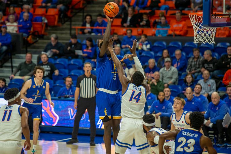 Jan 3, 2023; Boise, Idaho, USA; San Jose State Spartans center Ibrahima Diallo (5) shoots the ball during the first half against the Boise State Broncos at ExtraMile Arena. Mandatory Credit: Brian Losness-USA TODAY Sports