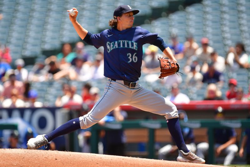 Jul 14, 2024; Anaheim, California, USA; Seattle Mariners pitcher Logan Gilbert (36) throws against the Los Angeles Angels during the first inning at Angel Stadium. Mandatory Credit: Gary A. Vasquez-USA TODAY Sports