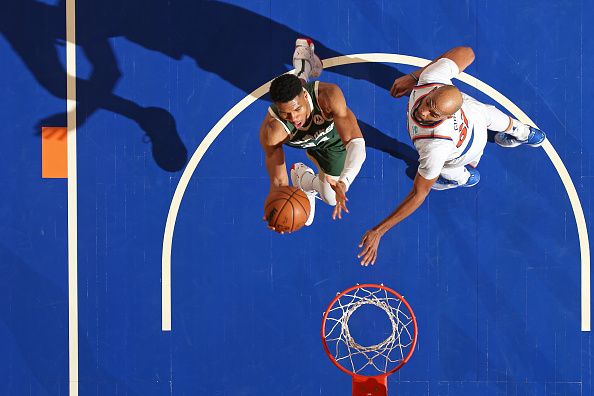 NEW YORK, NY - DECEMBER 25: Giannis Antetokounmpo #34 of the Milwaukee Bucks drives to the basket during the game against the New York Knicks on December 25, 2023 at Madison Square Garden in New York City, New York.  NOTE TO USER: User expressly acknowledges and agrees that, by downloading and or using this photograph, User is consenting to the terms and conditions of the Getty Images License Agreement. Mandatory Copyright Notice: Copyright 2023 NBAE  (Photo by Nathaniel S. Butler/NBAE via Getty Images)