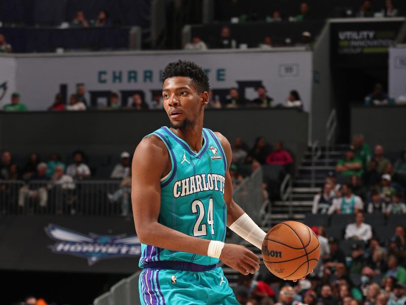 CHARLOTTE, NC - APRIL 1: Brandon Miller #24 of the Charlotte Hornets looks on during the game against the Boston Celtics on April 1, 2024 at Spectrum Center in Charlotte, North Carolina. NOTE TO USER: User expressly acknowledges and agrees that, by downloading and or using this photograph, User is consenting to the terms and conditions of the Getty Images License Agreement. Mandatory Copyright Notice: Copyright 2024 NBAE (Photo by Kent Smith/NBAE via Getty Images)