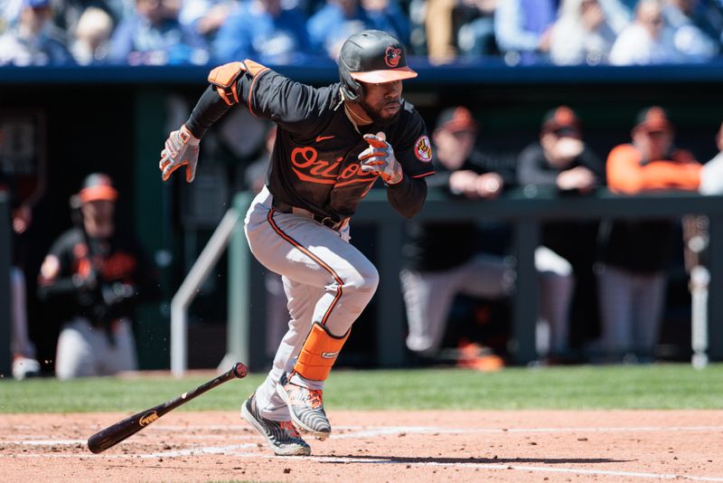 Apr 21, 2024; Kansas City, Missouri, USA; Baltimore Orioles outfielder Cedric Mullins (31) heads to first base after a hit during the fourth inning against the Kansas City Royals at Kauffman Stadium. Mandatory Credit: William Purnell-USA TODAY Sports