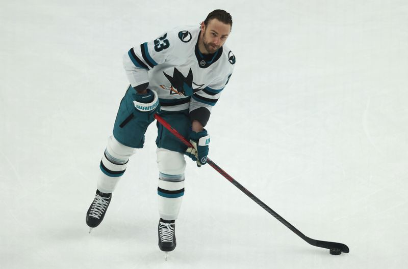 Dec 13, 2025; Pittsburgh, Pennsylvania, USA;  San Jose Sharks center Barclay Goodrow (23) warms up before a game against the Pittsburgh Penguins at PPG Paints Arena. Mandatory Credit: Charles LeClaire-Imagn Images