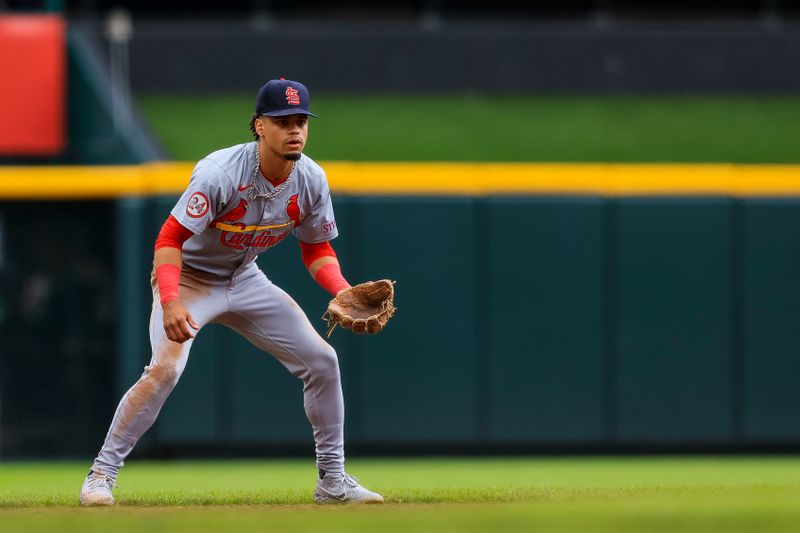 May 29, 2024; Cincinnati, Ohio, USA; St. Louis Cardinals shortstop Masyn Winn (0) prepares for the pitch in the sixth inning against the Cincinnati Reds at Great American Ball Park. Mandatory Credit: Katie Stratman-USA TODAY Sports