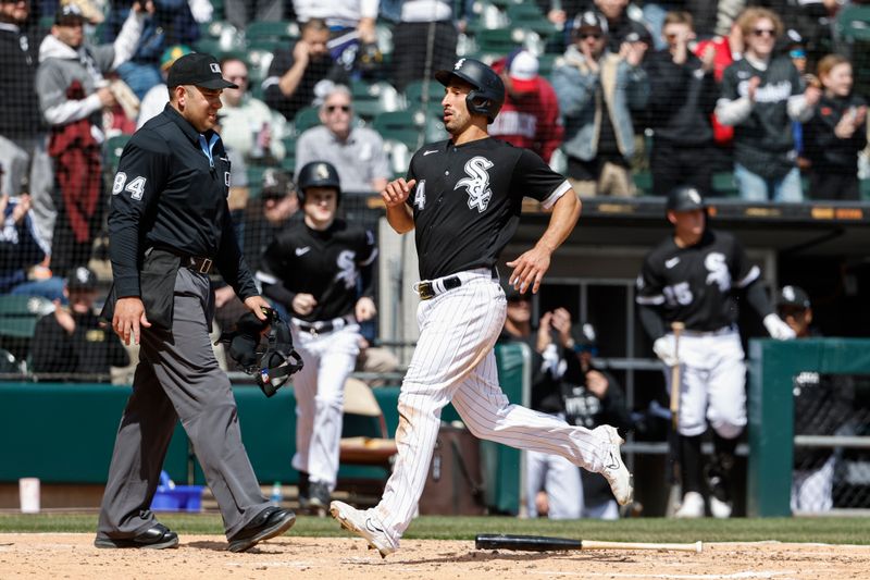 Apr 6, 2023; Chicago, Illinois, USA; Chicago White Sox catcher Seby Zavala (44) scores against the San Francisco Giants during the second inning at Guaranteed Rate Field. Mandatory Credit: Kamil Krzaczynski-USA TODAY Sports