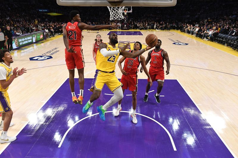 LOS ANGELES, CA - MARCH 4: LeBron James #23 of the Los Angeles Lakers drives to the basket during the game against the New Orleans Pelicans on March 4, 2025 at Crypto.Com Arena in Los Angeles, California. NOTE TO USER: User expressly acknowledges and agrees that, by downloading and/or using this Photograph, user is consenting to the terms and conditions of the Getty Images License Agreement. Mandatory Copyright Notice: Copyright 2025 NBAE (Photo by Juan Ocampo/NBAE via Getty Images)