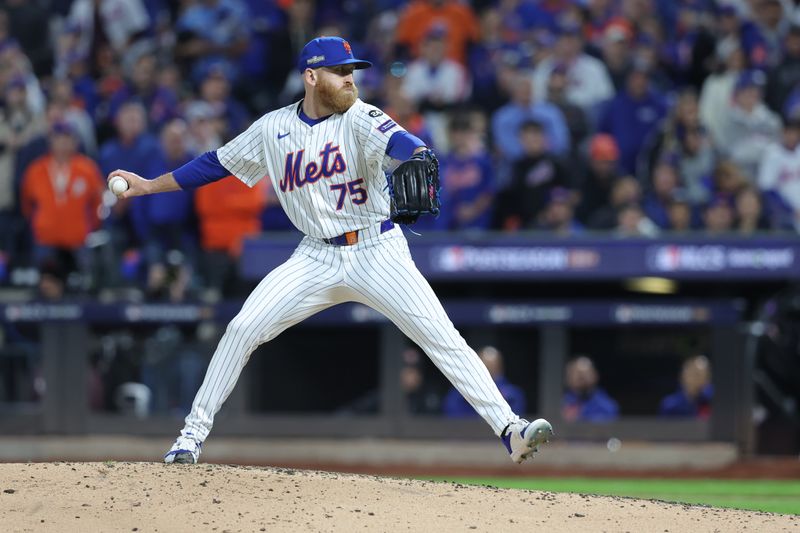 Oct 18, 2024; New York City, New York, USA; New York Mets relief pitcher Reed Garrett (75) pitches in the in the fourth inning against the Los Angeles Dodgers  during game five of the NLCS for the 2024 MLB playoffs at Citi Field. Mandatory Credit: Brad Penner-Imagn Images