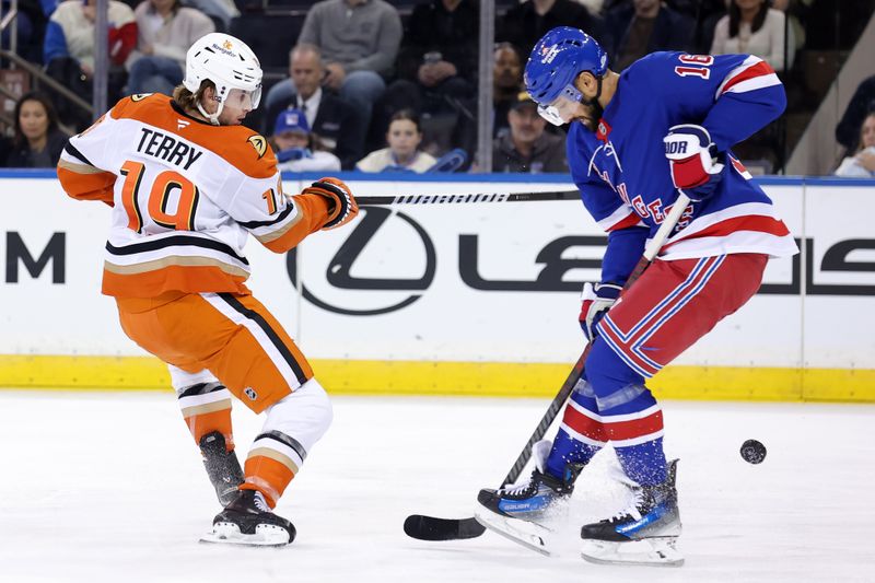 Oct 26, 2024; New York, New York, USA; Anaheim Ducks right wing Troy Terry (19) plays the puck past New York Rangers center Vincent Trocheck (16) during the second period at Madison Square Garden. Mandatory Credit: Brad Penner-Imagn Images