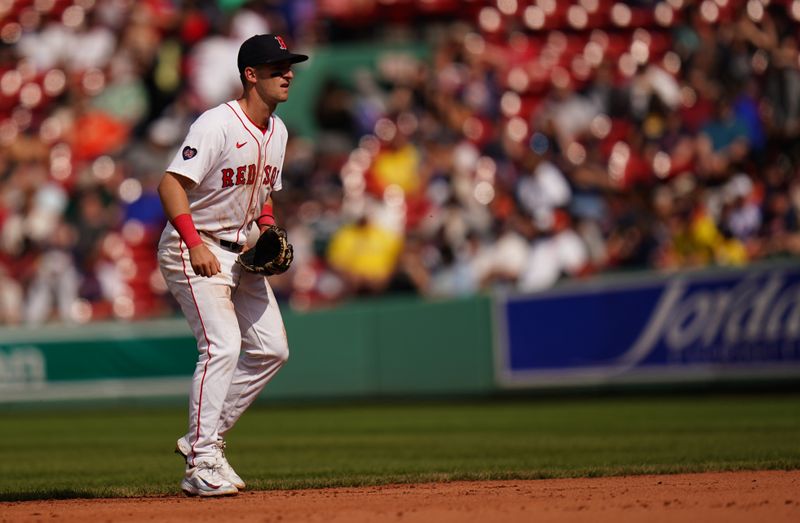 May 2, 2024; Boston, Massachusetts, USA; Boston Red Sox second baseman Zack Short (18) on the field against the San Francisco Giants in the ninth inning at Fenway Park. Mandatory Credit: David Butler II-USA TODAY Sports