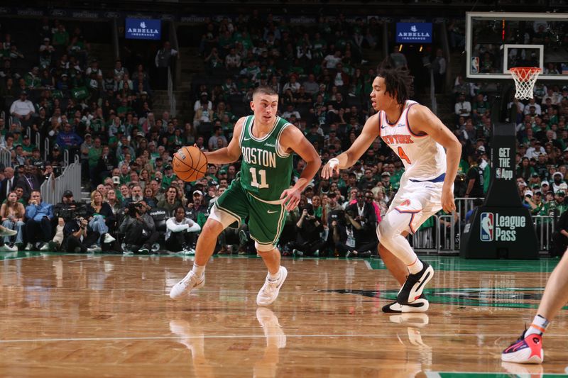 BOSTON, MA - OCTOBER 22: Payton Pritchard #11 of the Boston Celtics handles the ball during the game against the New York Knicks on October 22, 2024 at TD Garden in Boston, Massachusetts. NOTE TO USER: User expressly acknowledges and agrees that, by downloading and or using this Photograph, user is consenting to the terms and conditions of the Getty Images License Agreement. Mandatory Copyright Notice: Copyright 2024 NBAE (Photo by Nathaniel S. Butler/NBAE via Getty Images)